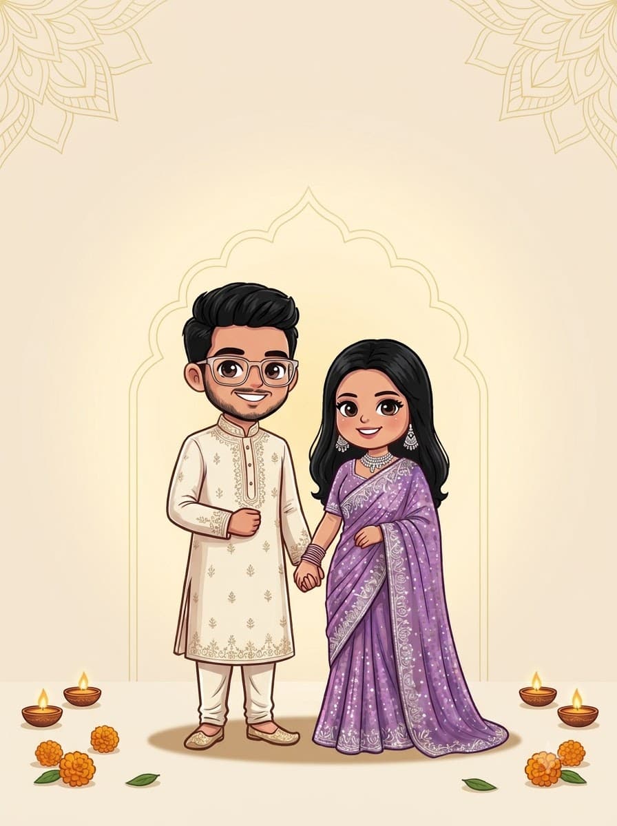 An illustration of Harsh in an ivory kurta and Ami in a lavender saree, holding hands beneath a golden arch, with diyas and marigolds at their feet